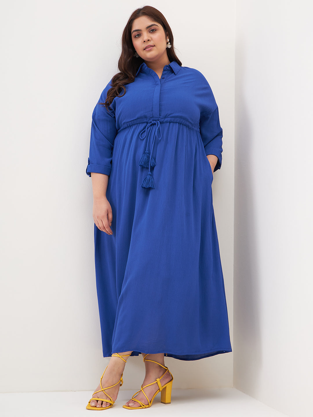 Blue Crinkled Shirt Maxi Dress