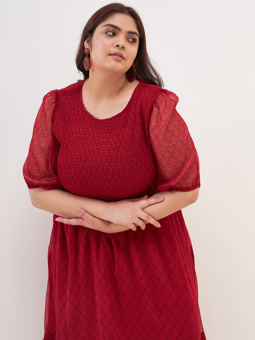 Red Printed Smocked Tier Midi Dress