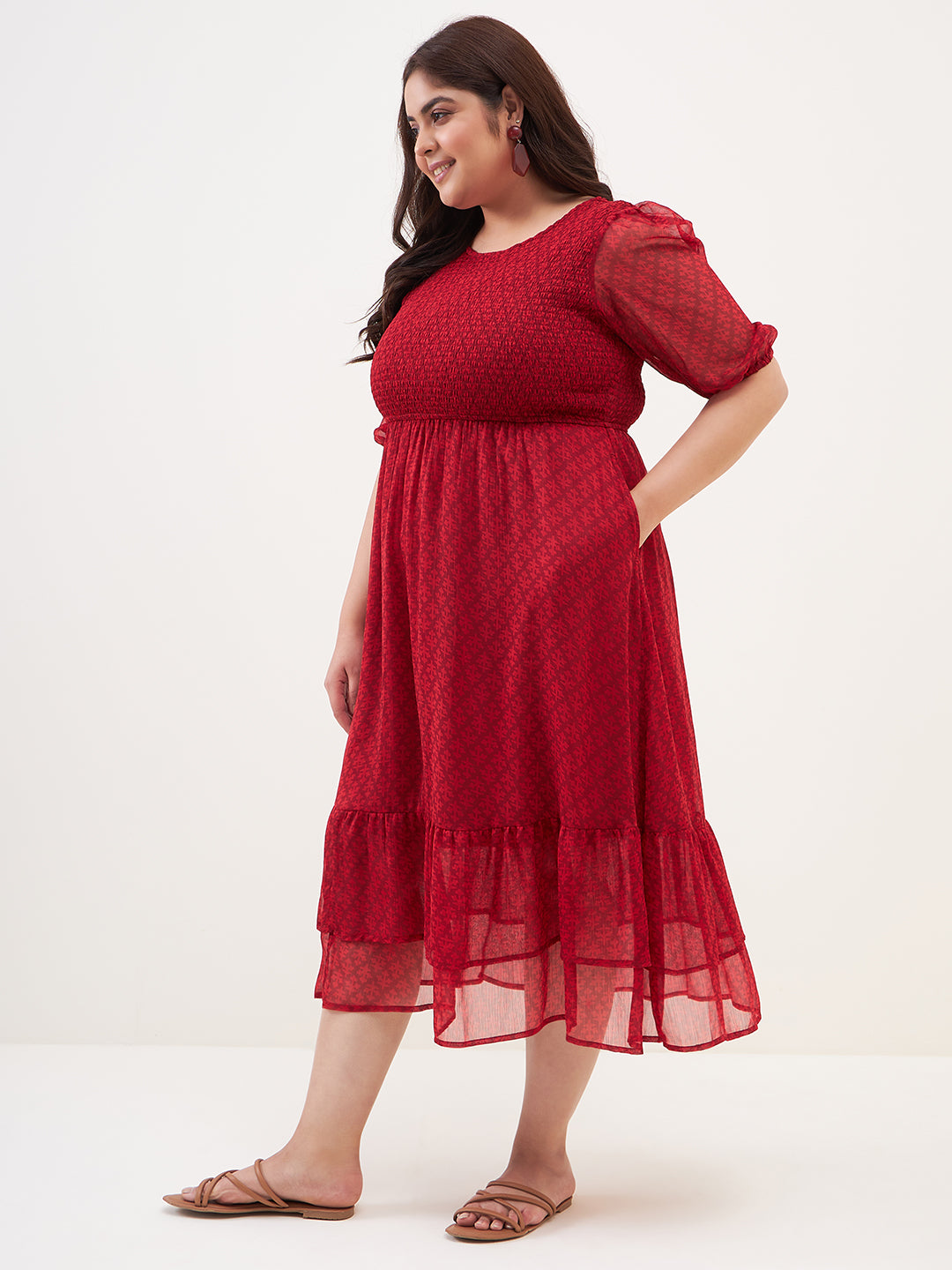 Red Printed Smocked Tier Midi Dress