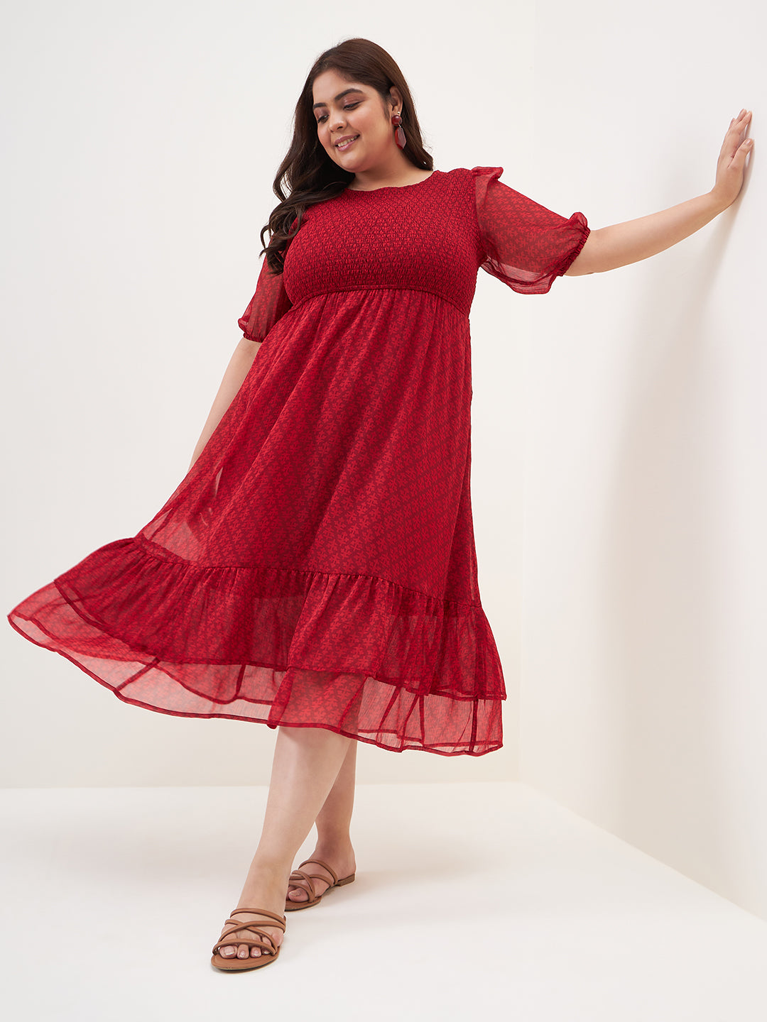 Red Printed Smocked Tier Midi Dress