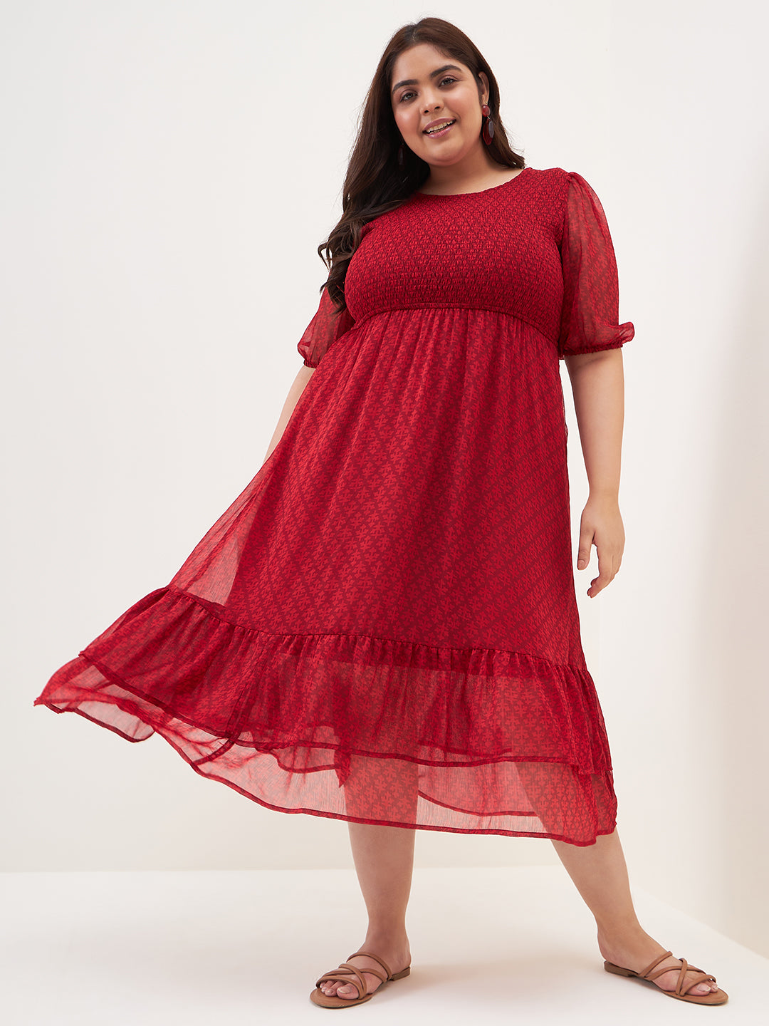 Red Printed Smocked Tier Midi Dress
