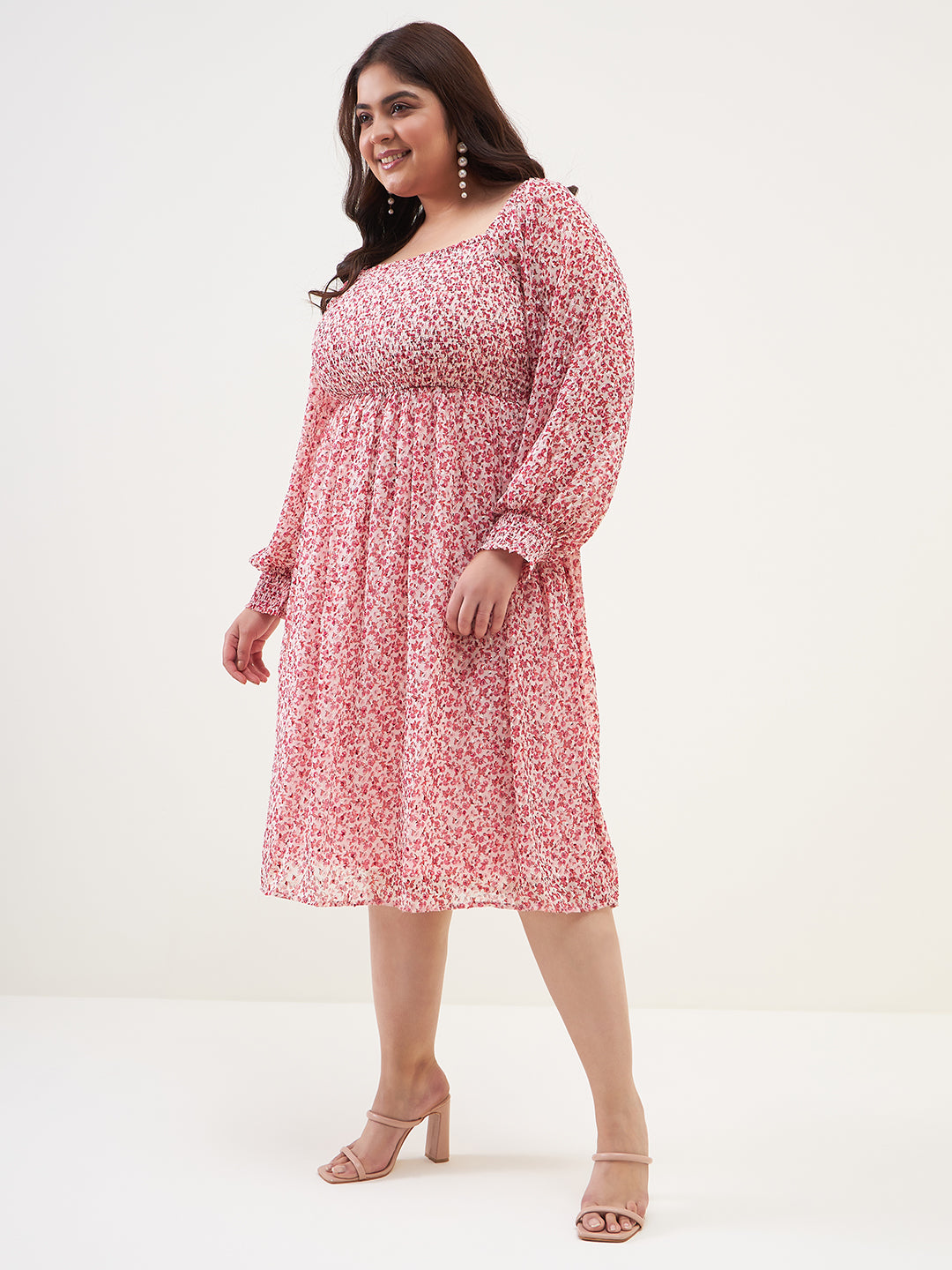 Red Floral Printed Smocked Midi Dress