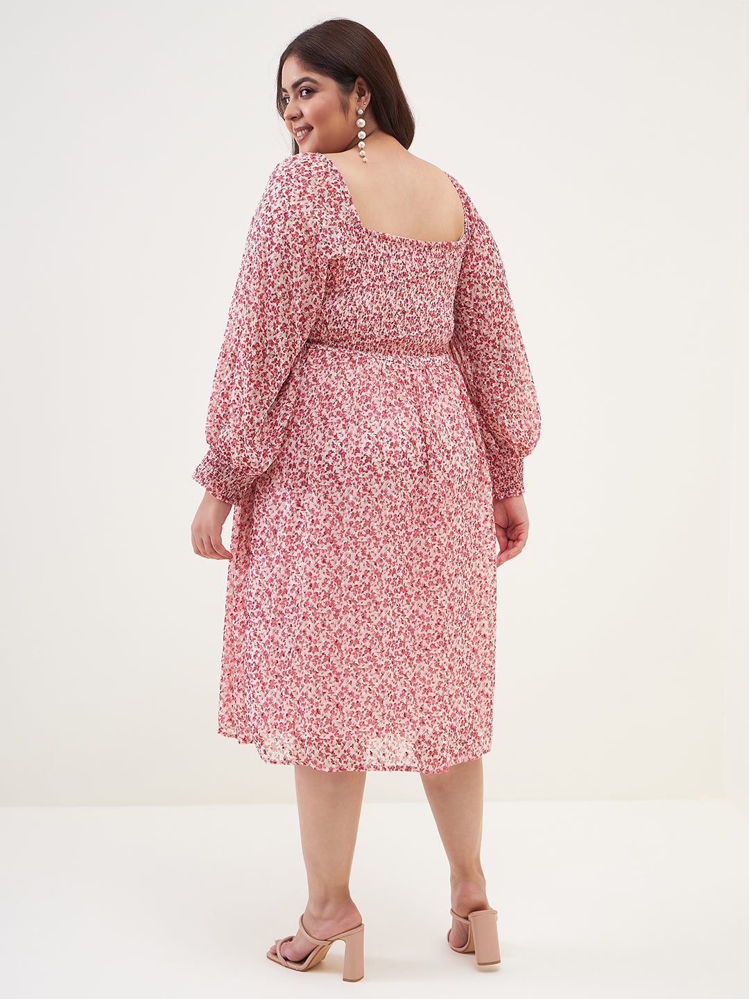 Red Floral Printed Smocked Midi Dress