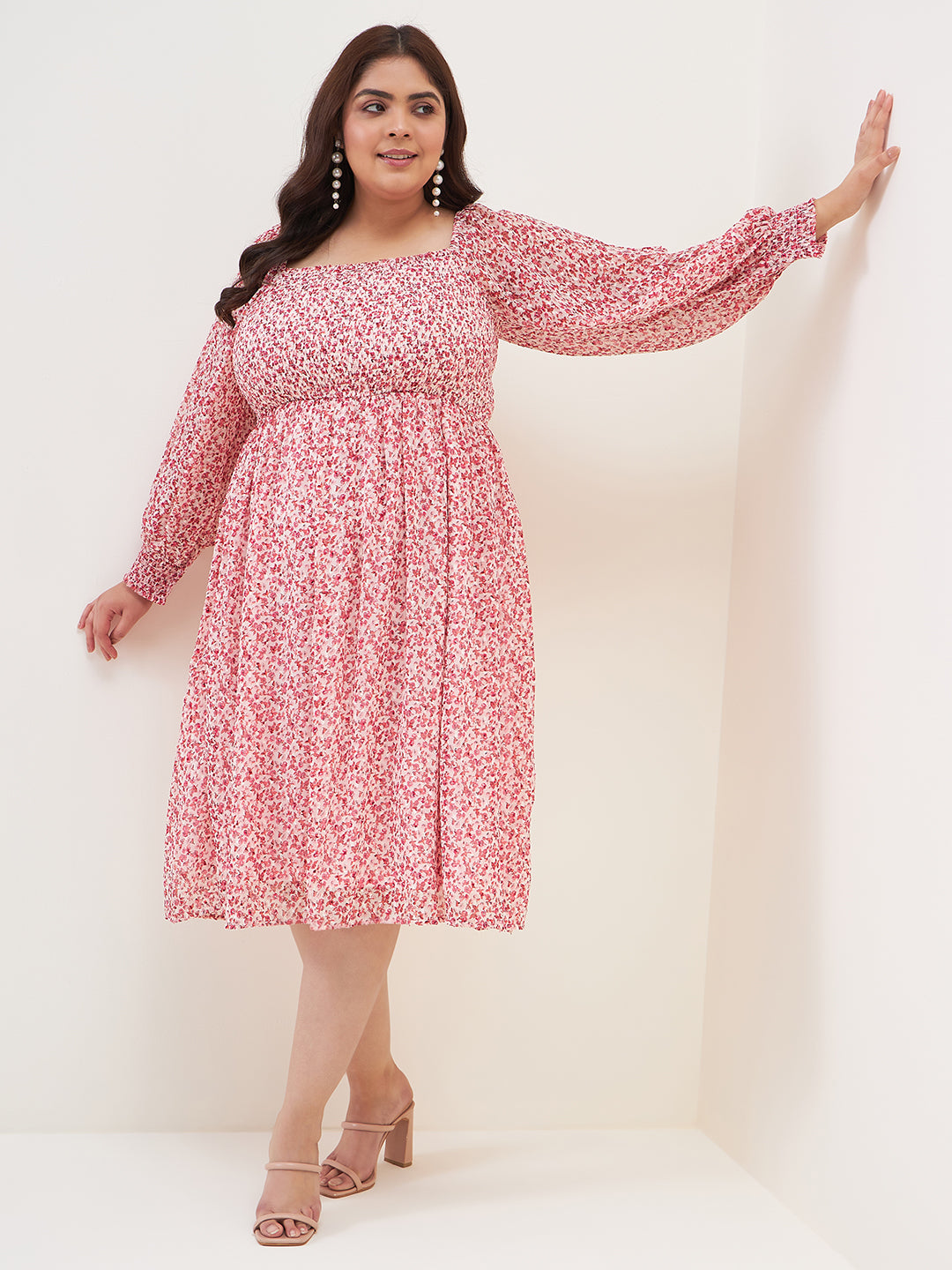 Red Floral Printed Smocked Midi Dress