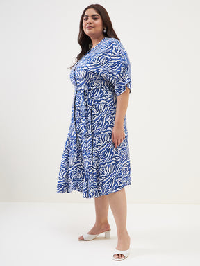 Blue Zebra Print Tiered Midi Dress