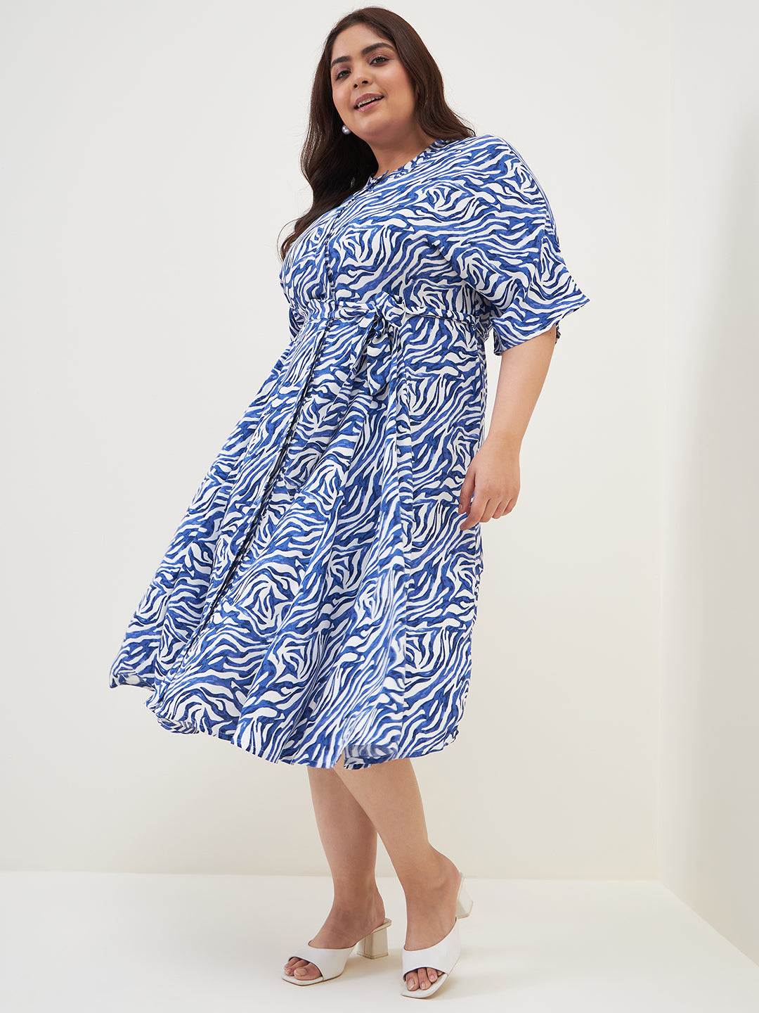 Blue Zebra Print Tiered Midi Dress