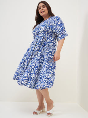 Blue Zebra Print Tiered Midi Dress