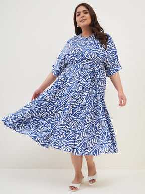 Blue Zebra Print Tiered Midi Dress