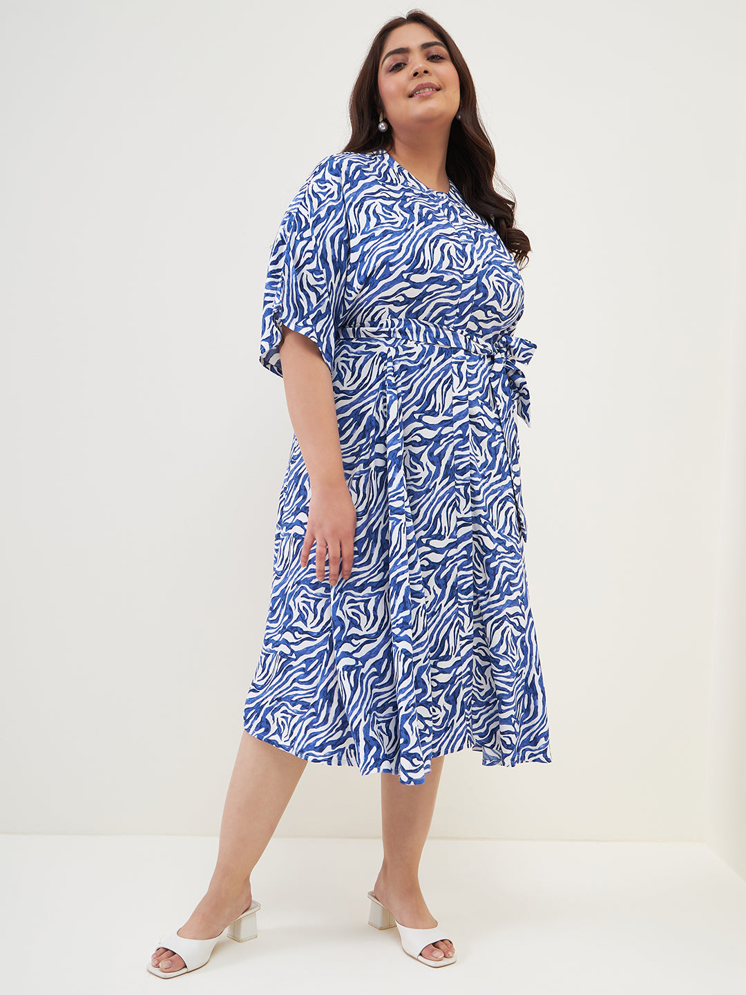 Blue Zebra Print Tiered Midi Dress