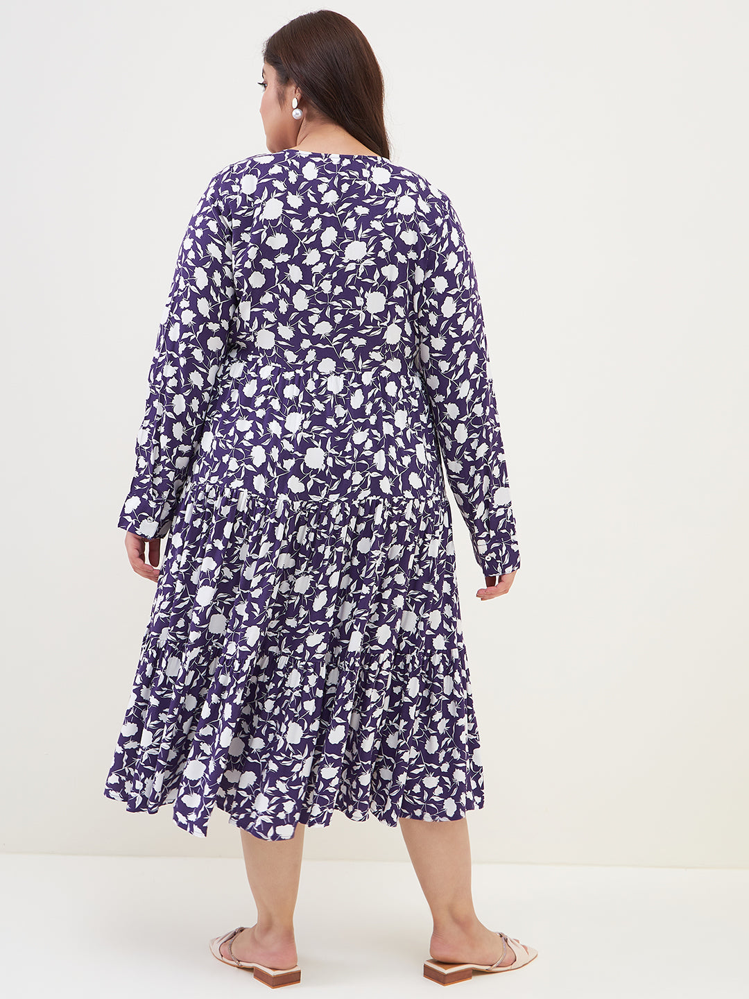 Purple floral wrap tiered midi dress