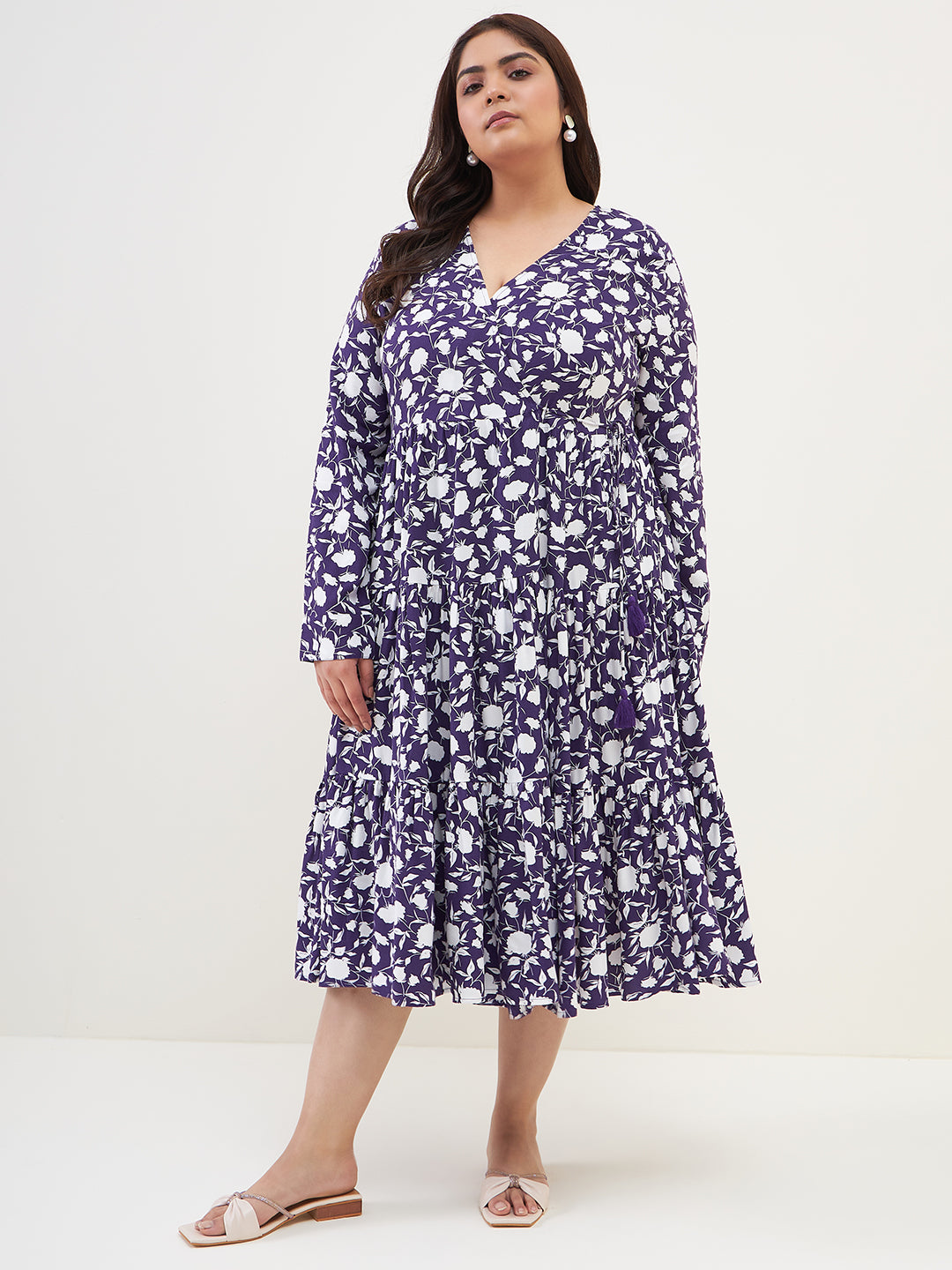 Purple floral wrap tiered midi dress