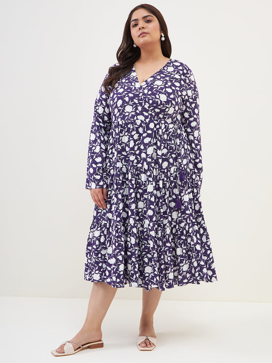 Purple floral wrap tiered midi dress