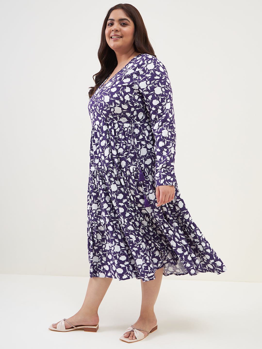 Purple floral wrap tiered midi dress