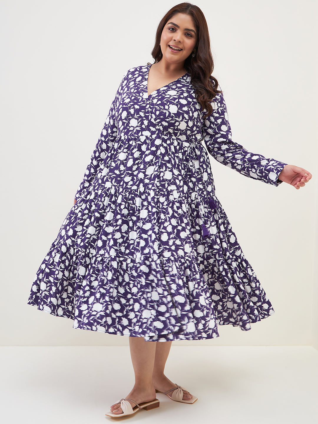 Purple floral wrap tiered midi dress