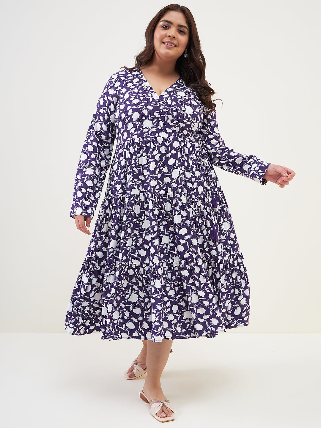 Purple floral wrap tiered midi dress
