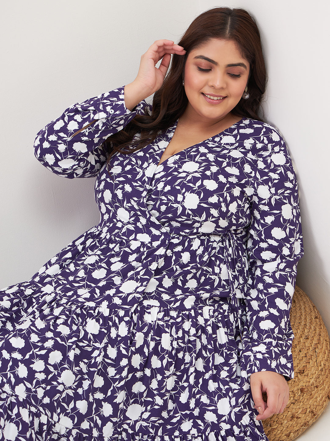 Purple floral wrap tiered midi dress