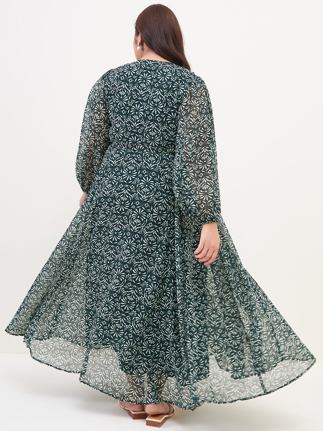 Green Floral Printed Wrap Maxi Dress