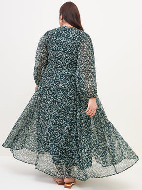 Green Floral Printed Wrap Maxi Dress
