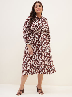 Brown Stroke Printed Draped Midi Dress