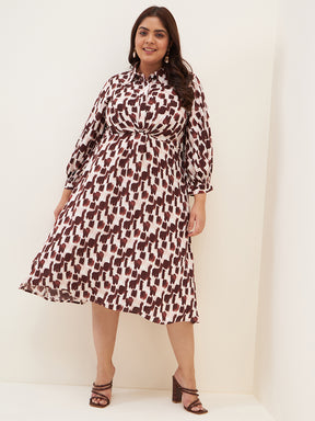 Brown Stroke Printed Draped Midi Dress