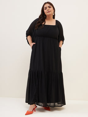 Black Dobby Ruched Tiered Maxi Dress