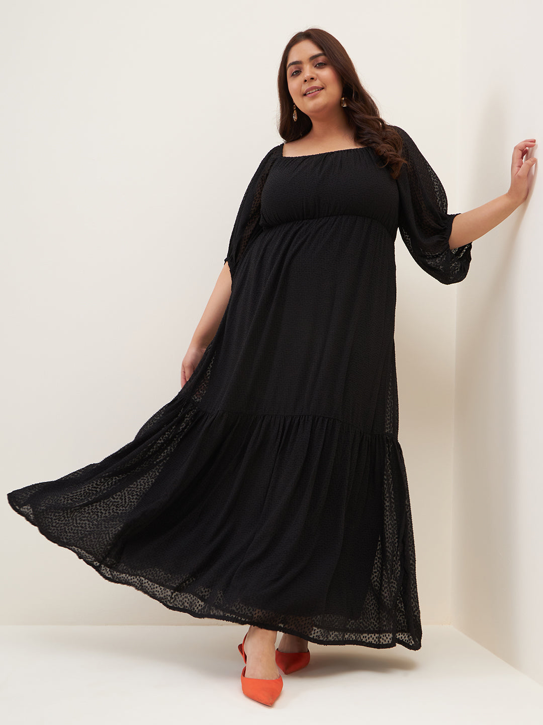 Black Dobby Ruched Tiered Maxi Dress