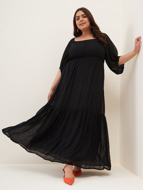 Black Dobby Ruched Tiered Maxi Dress