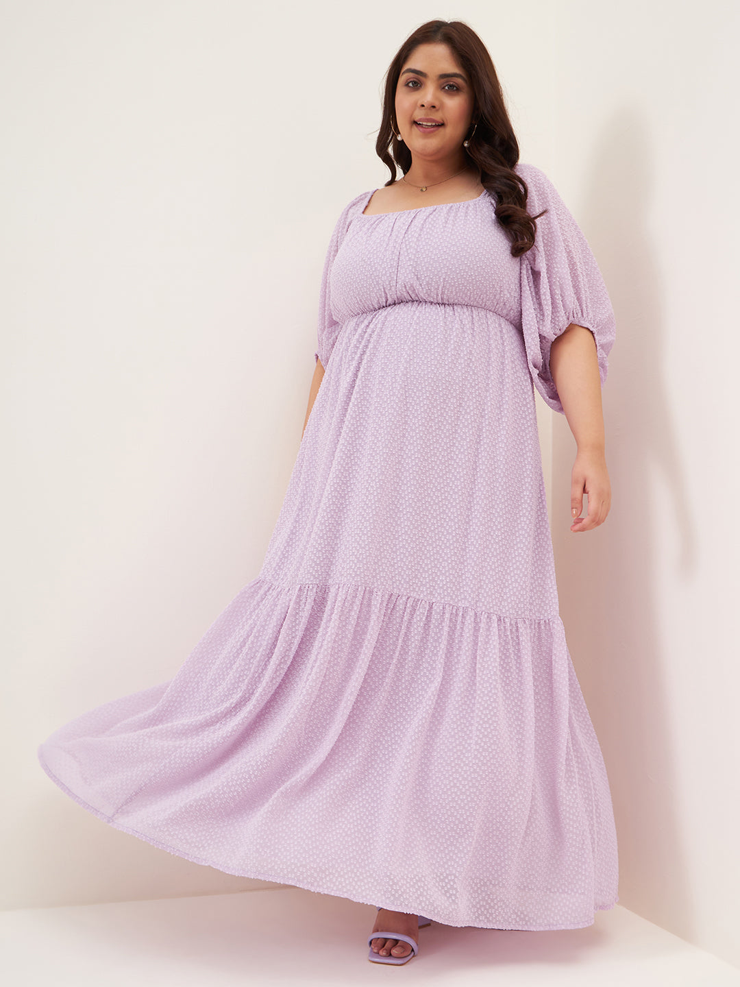 Lilac Dobby Ruched Tiered Maxi Dress