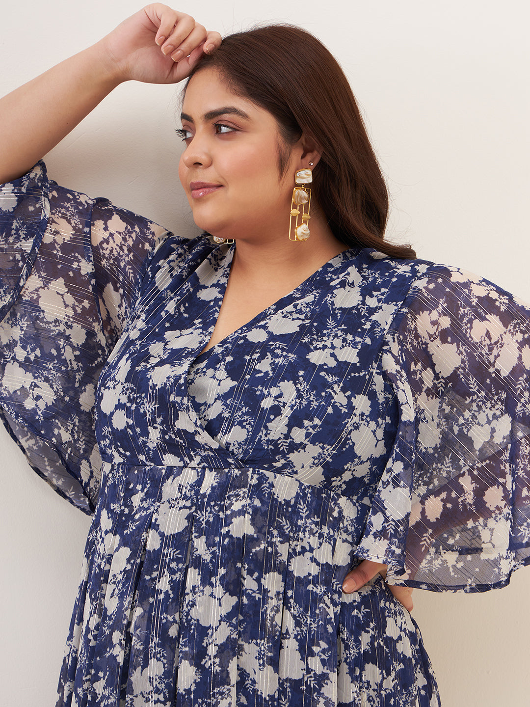 Navy Floral Lurex Tiered Maxi Dress