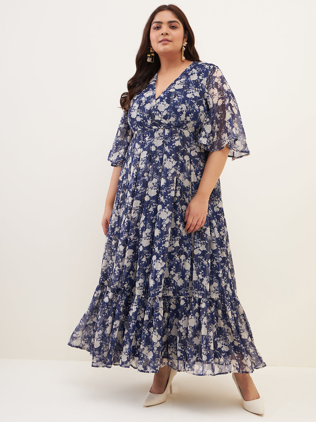 Navy Floral Lurex Tiered Maxi Dress