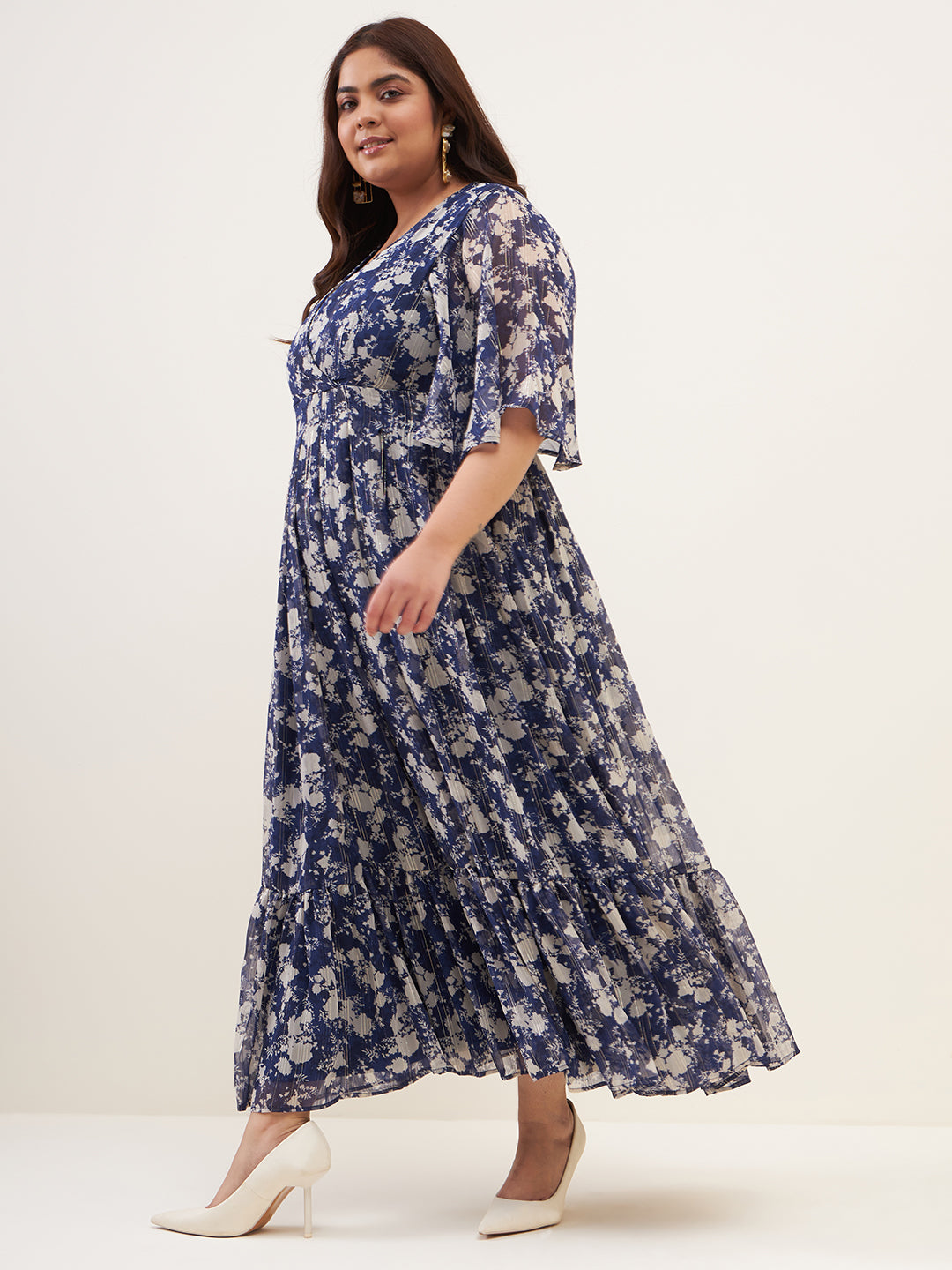 Navy Floral Lurex Tiered Maxi Dress