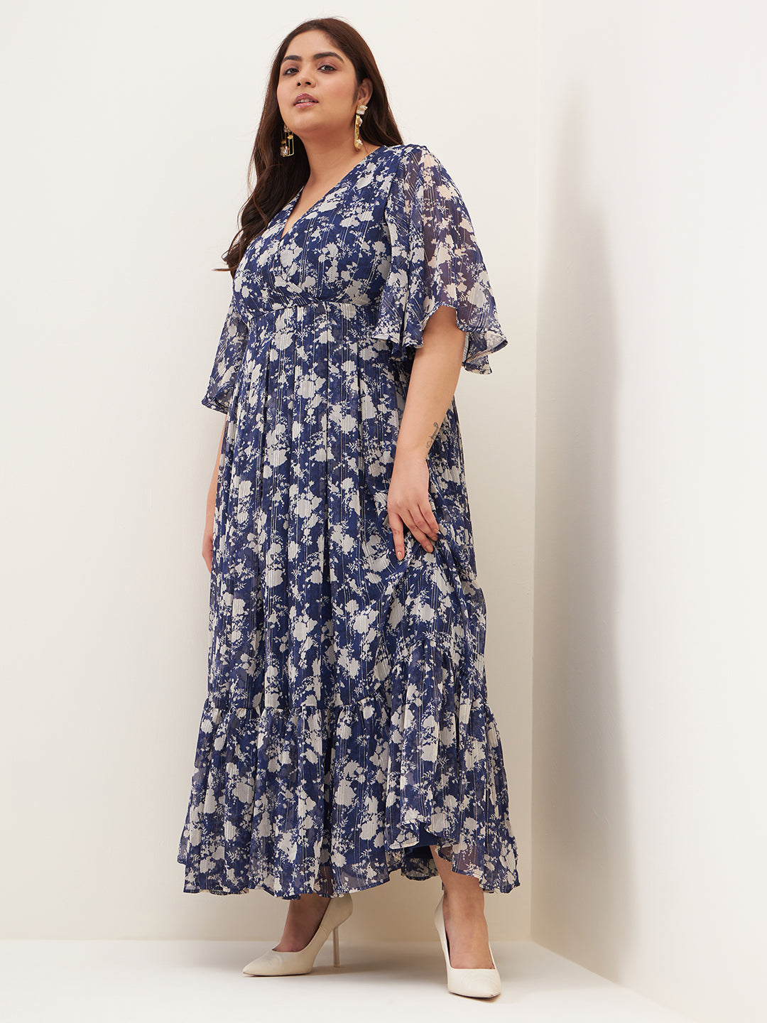Navy Floral Lurex Tiered Maxi Dress