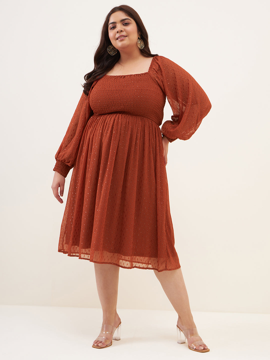 Rust Lurex Smocked Midi Dress