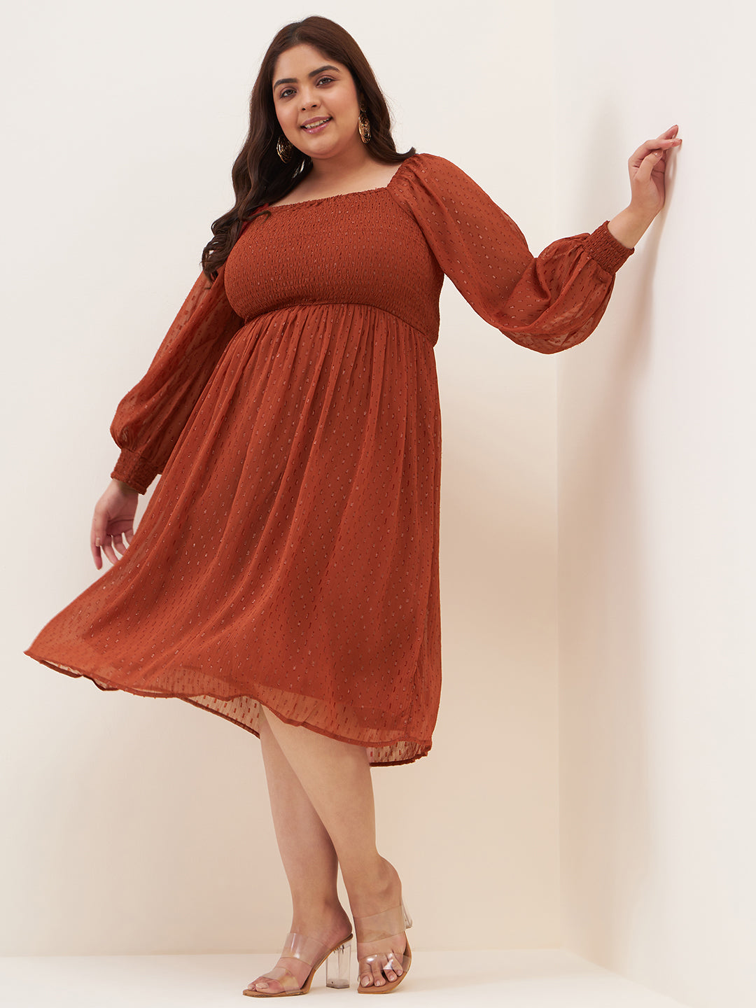 Rust Lurex Smocked Midi Dress