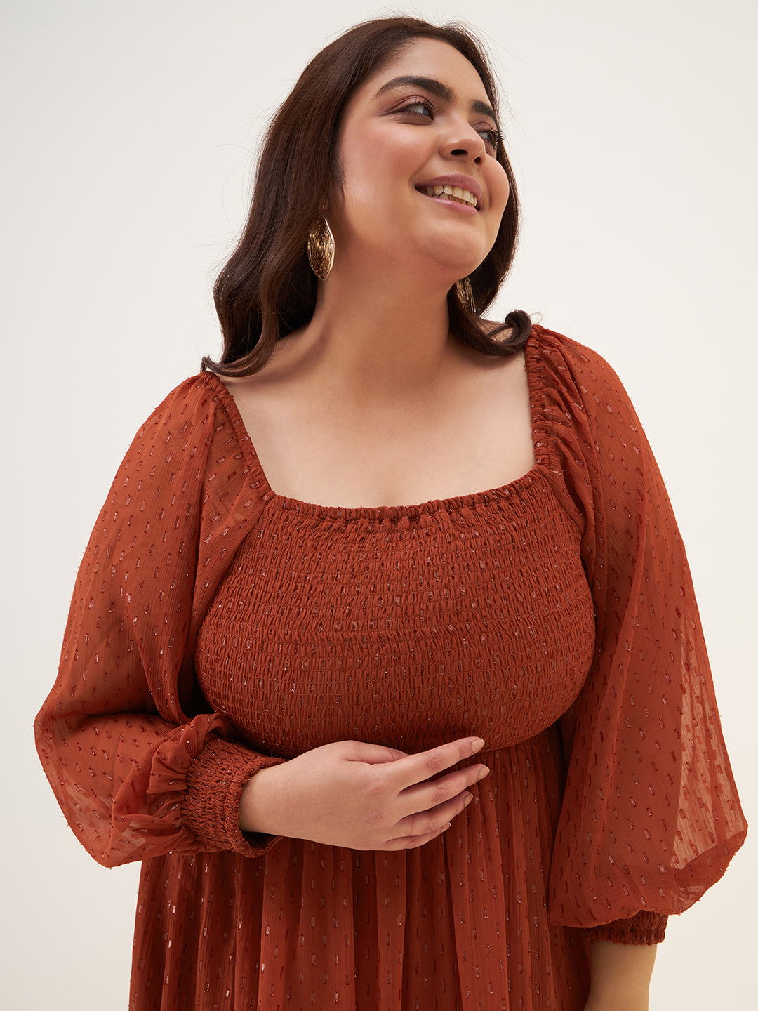 Rust Lurex Smocked Midi Dress