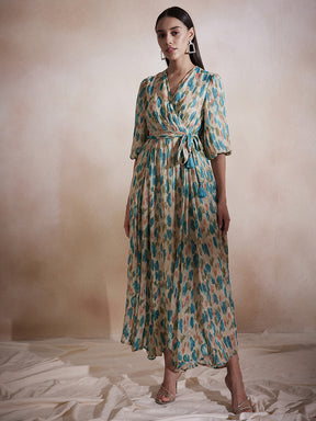 Beige Abstract Lurex Wrap Maxi Dress