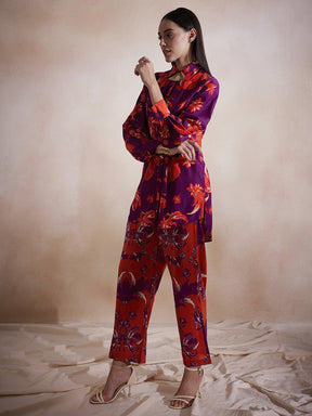 Purple Floral Printed Button Down Co-Ord Set