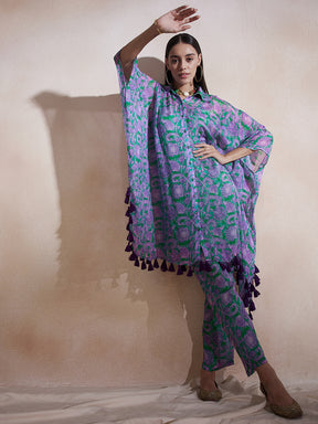Purple Floral Tassel Detail Kaftan Co-Ord Set