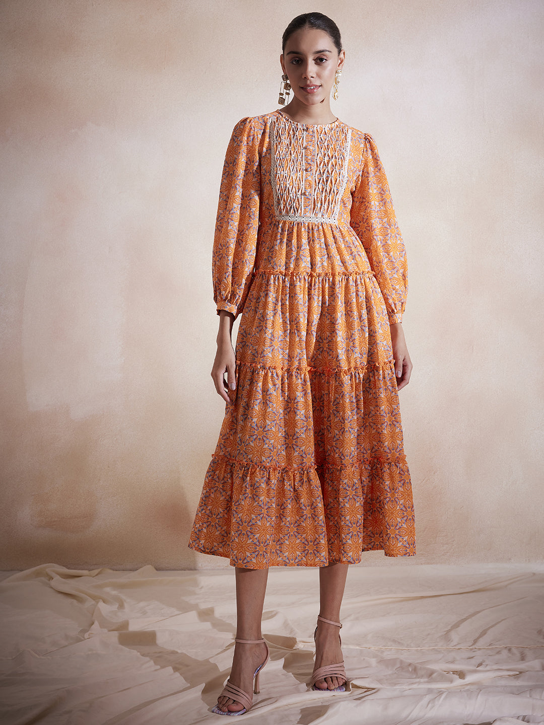 Orange Geometric Printed Tuck Detail Maxi Dress