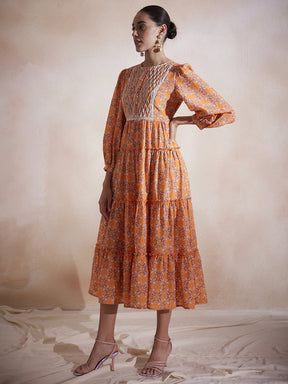 Orange Geometric Printed Tuck Detail Maxi Dress