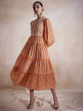 Orange Geometric Printed Tuck Detail Maxi Dress