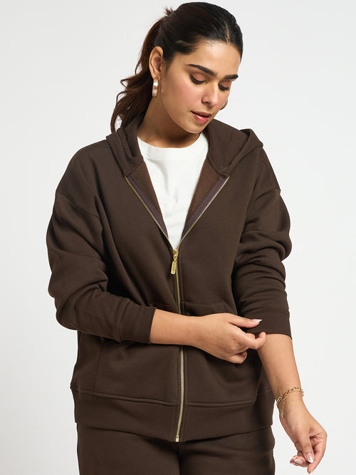 Coffee Brown Oversized Front Zip Fleece Hoodie
