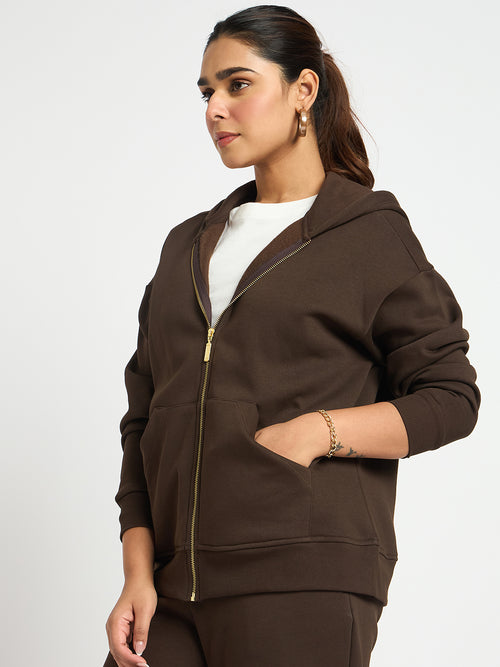 Coffee Brown Oversized Front Zip Fleece Hoodie