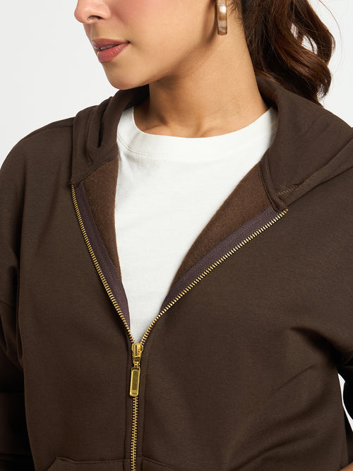 Coffee Brown Oversized Front Zip Fleece Hoodie