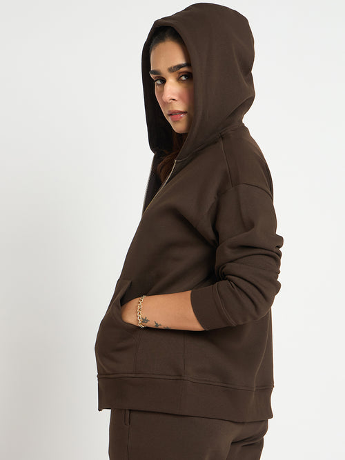 Coffee Brown Oversized Front Zip Fleece Hoodie