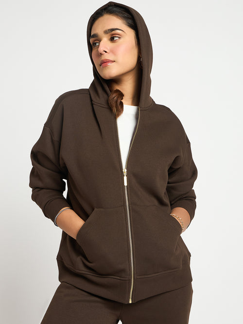 Coffee Brown Oversized Front Zip Fleece Hoodie
