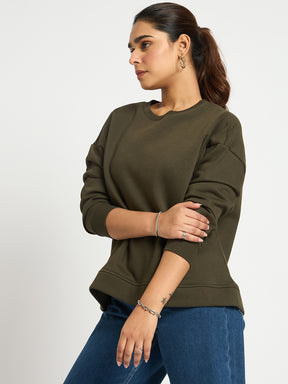 Olive Crew Neck Fleece Sweatshirt