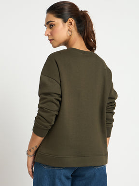 Olive Crew Neck Fleece Sweatshirt