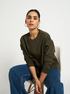 Olive Crew Neck Fleece Sweatshirt