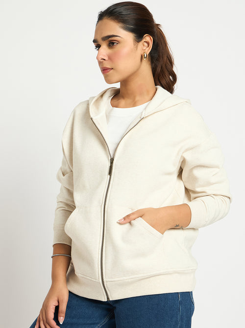 Oat Melange Oversized Front Zip Fleece Hoodie